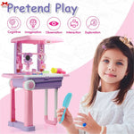 Child playing with a toy doctor's office set on a pink background