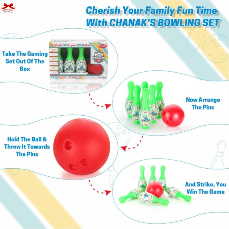 Toy bowling set with instructions on a colorful background