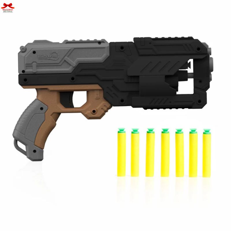 Toy gun with gray and black design and yellow darts on a white background