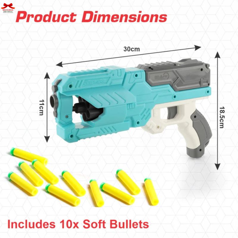Toy gun with dimensions labeled and 10 soft bullets on a white background