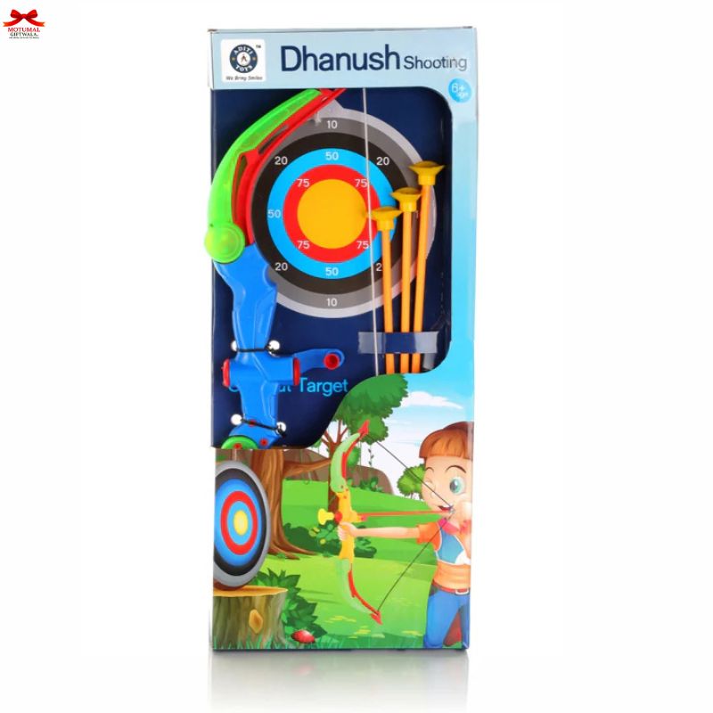 Dhanush shooting game packaging with colorful archery set and target on a white background