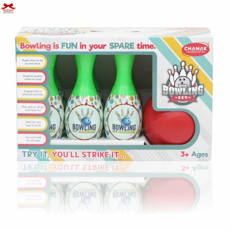 Children's bowling set with green pins and a red ball in packaging