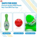 Children's toy set with bowling pin, ball, and other items on a white background with text about safety and material.