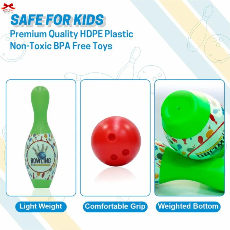 Children's toy set with bowling pin, ball, and other items on a white background with text about safety and material.