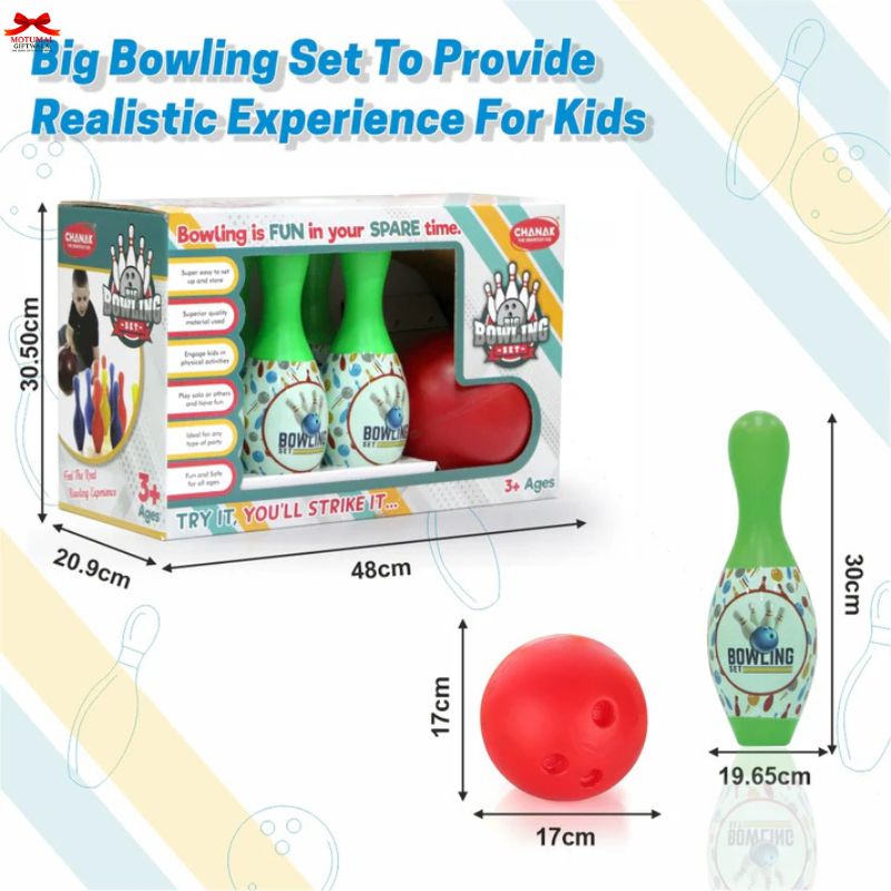 Toy bowling set with packaging, including a red ball and green bowling pins, on a light blue background.