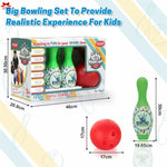 Toy bowling set with packaging, including a red ball and green bowling pins, on a light blue background.