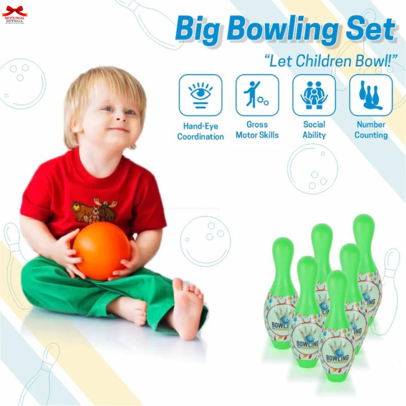 Child holding a bowling ball with toy bowling pins and promotional text about developmental benefits on a white background.