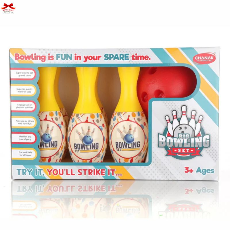 Children's bowling set packaging with colorful design and text on a white background