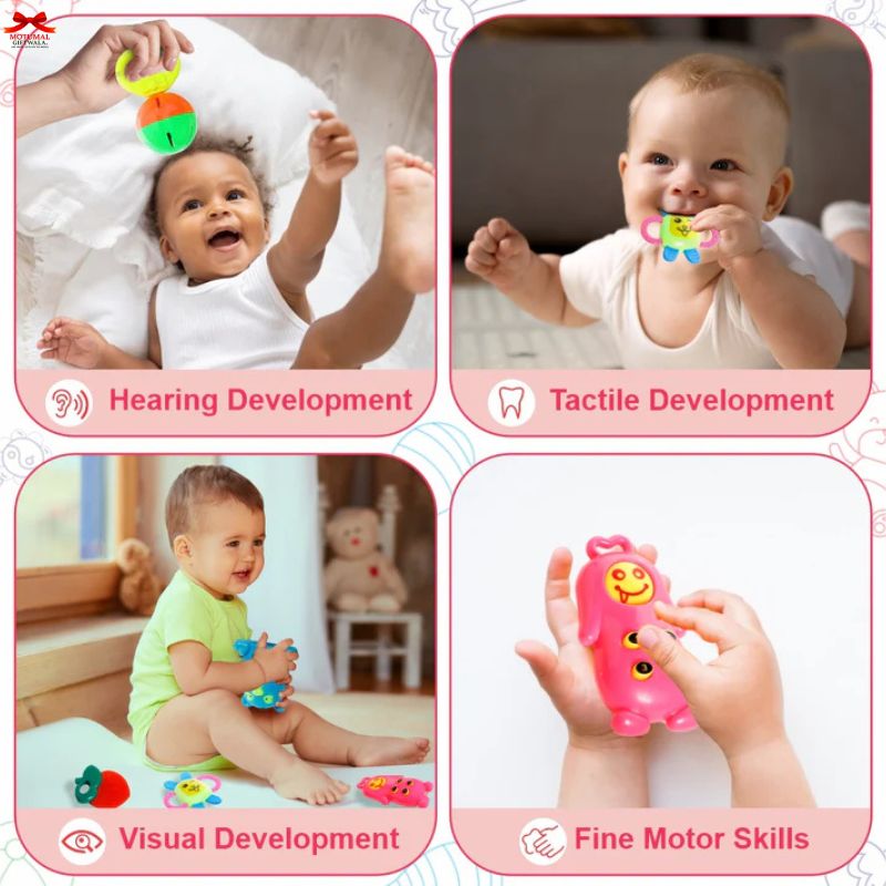 Baby toys with text labels on hearing, tactile, visual, and fine motor skills development.