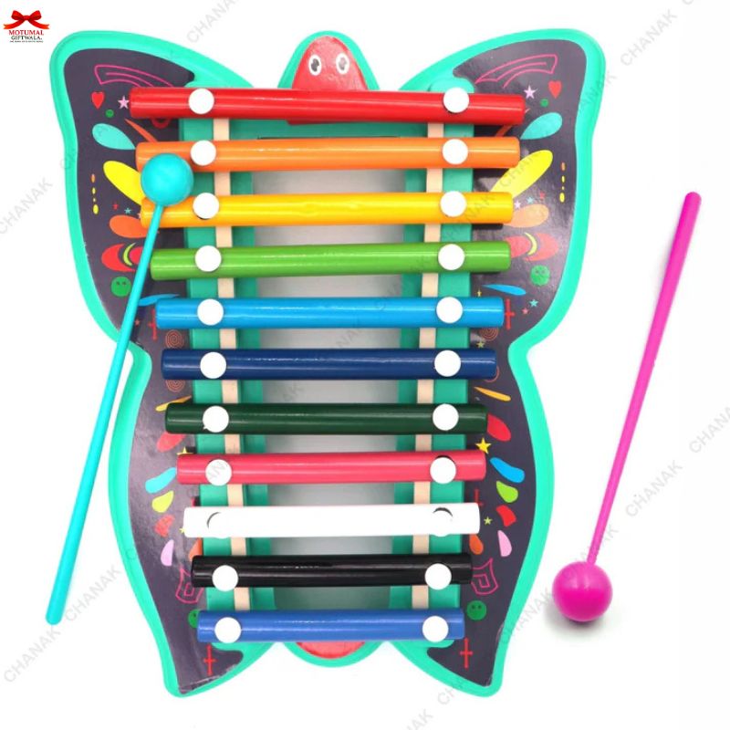 Colorful butterfly-shaped xylophone with a mallet on a white background
