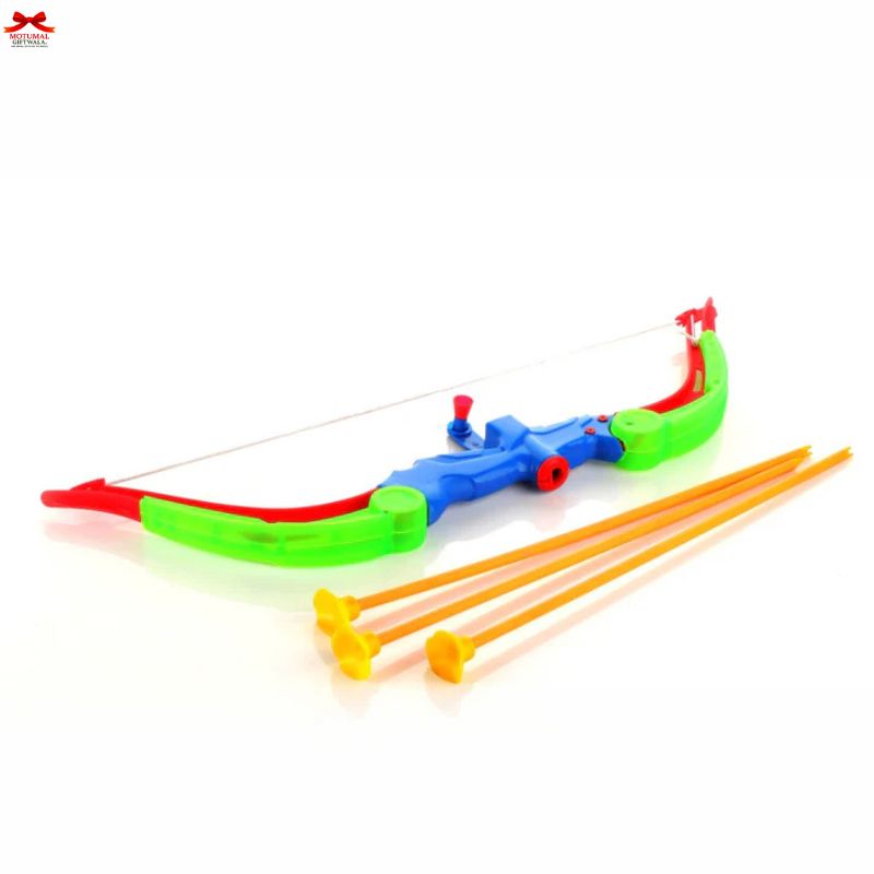 Colorful toy bow and arrow set on a white background
