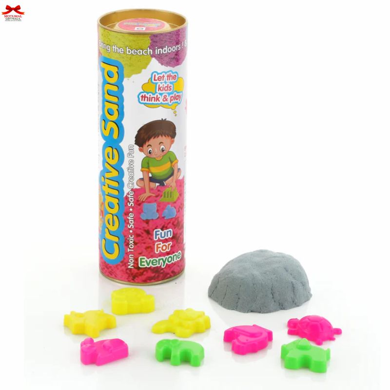 Tube of Creative Sand with colorful sand toys on a white background