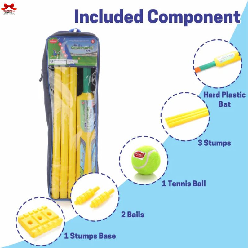 Baseball set with components including a hard plastic bat, three stumps, a tennis ball, two balls, and a stumps base, all in a carrying case.