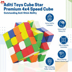 Colorful Rubik's Cube toy with Aditi Toys branding and feature text on a white background