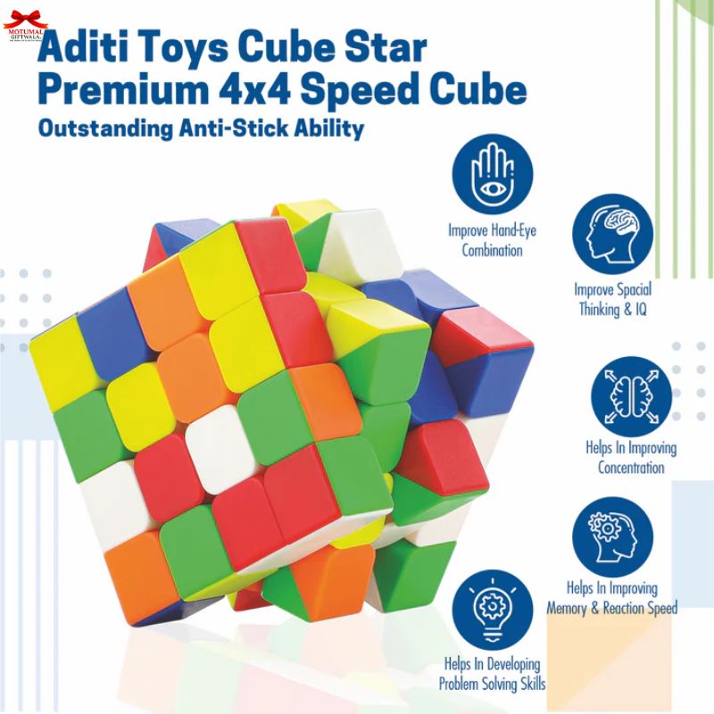 Colorful Rubik's Cube toy with Aditi Toys branding and feature text on a white background