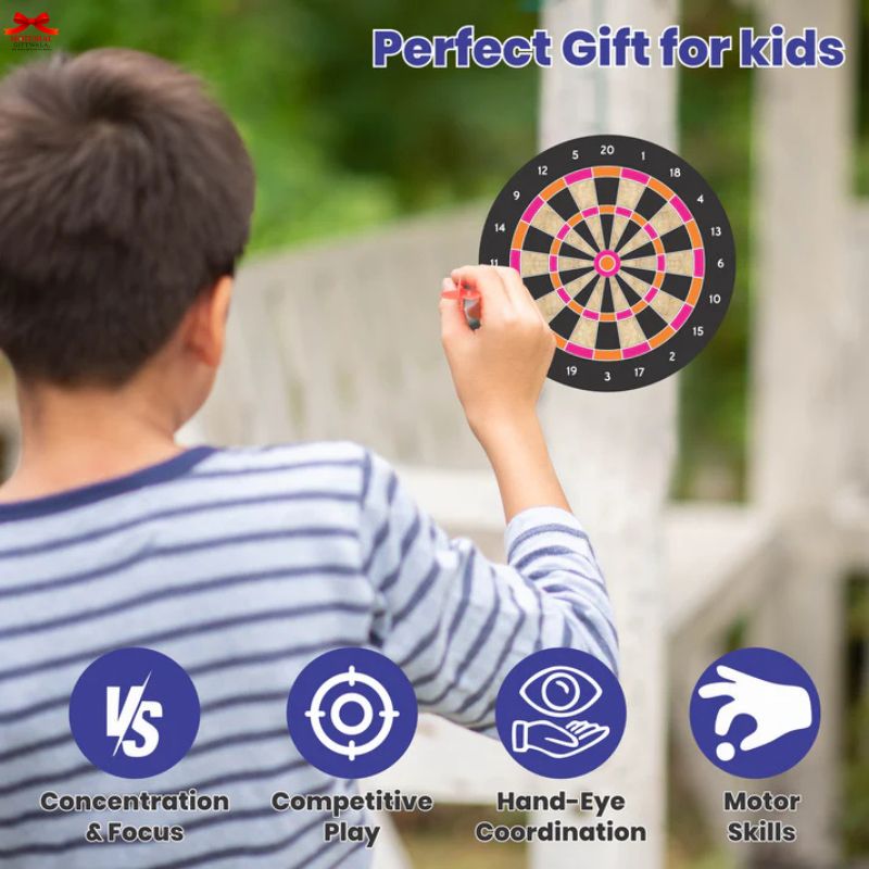 Child playing with a dartboard outdoors, labeled as a perfect gift for kids.
