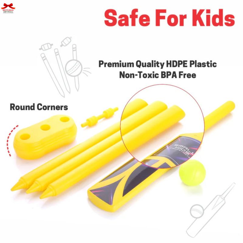 Yellow cricket set with packaging on a white background, emphasizing safety features.