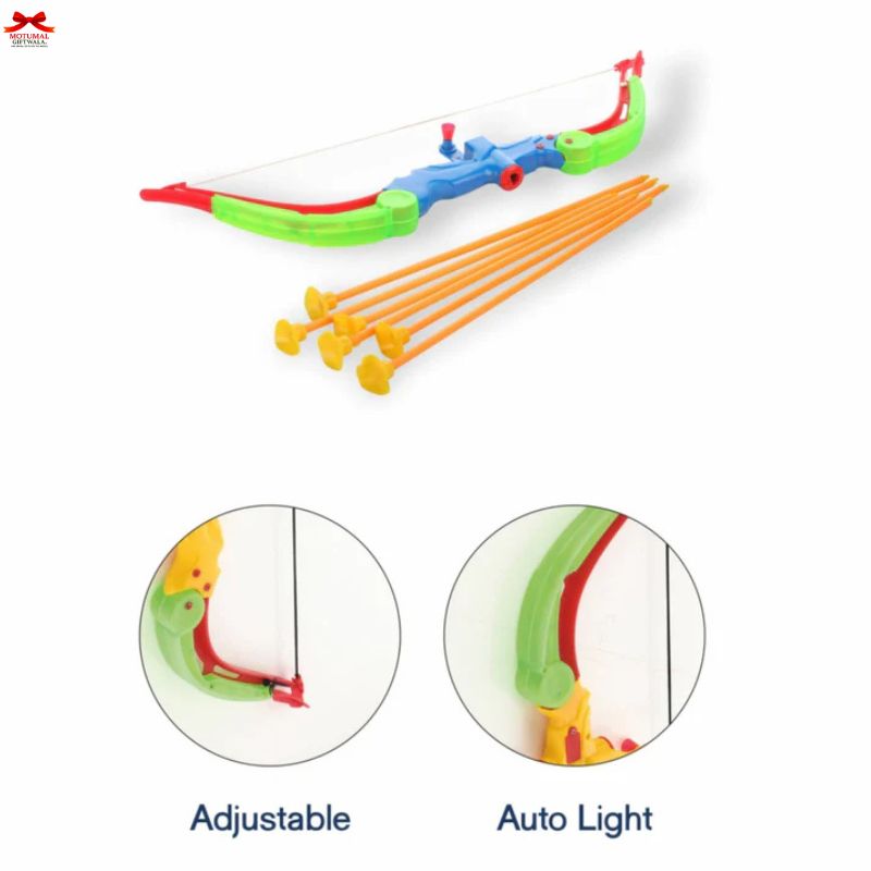Colorful toy bow and arrow set with adjustable and auto-light features on a white background.