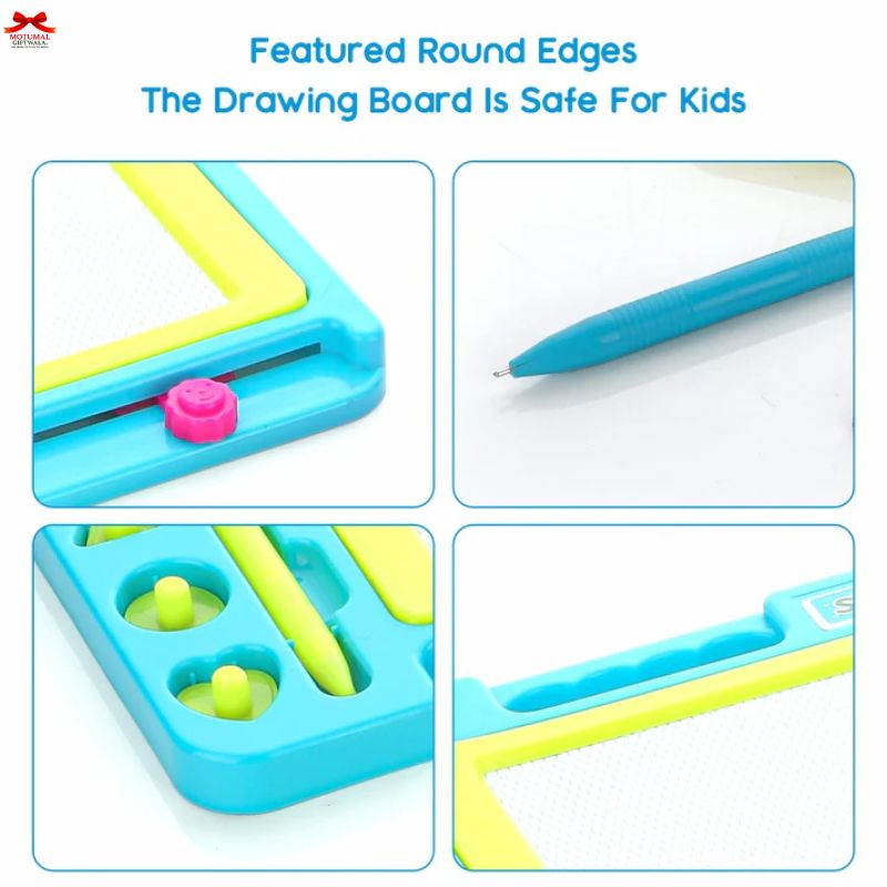 Safety features of a drawing board for kids with round edges and a pen.
