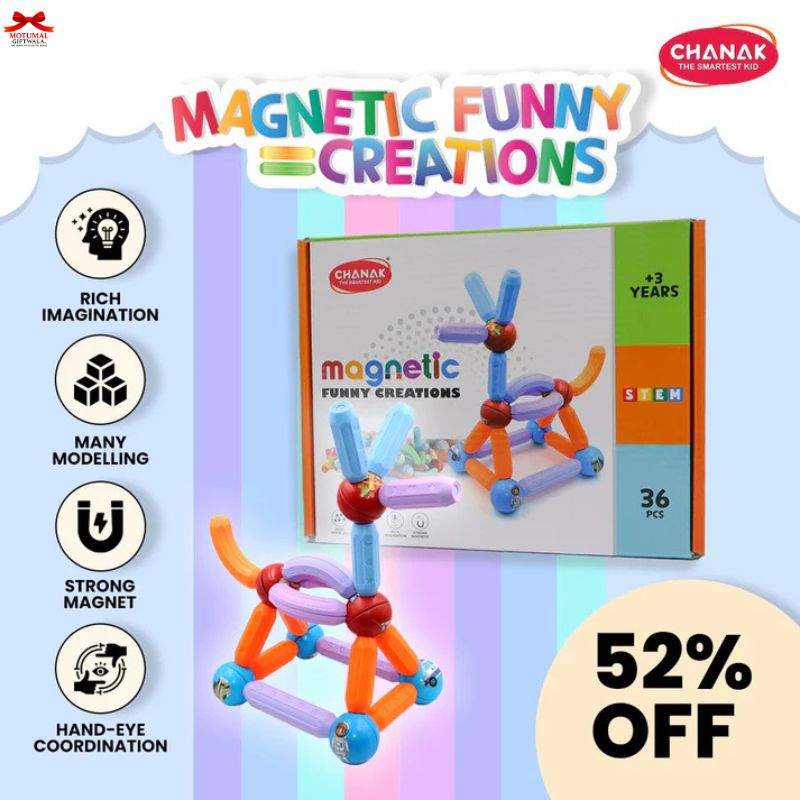 Magnetic toy set with packaging and promotional text on a colorful background