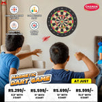 Children playing with a magnetic dart game on a wall, with product pricing displayed.