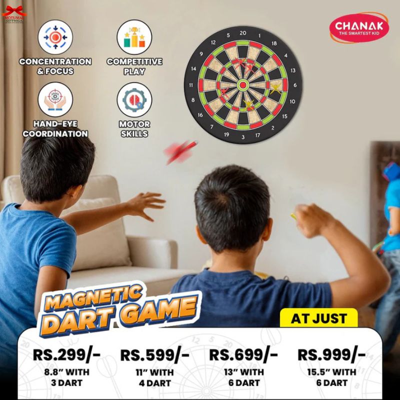 Children playing with a magnetic dart game on a wall, with product pricing displayed.