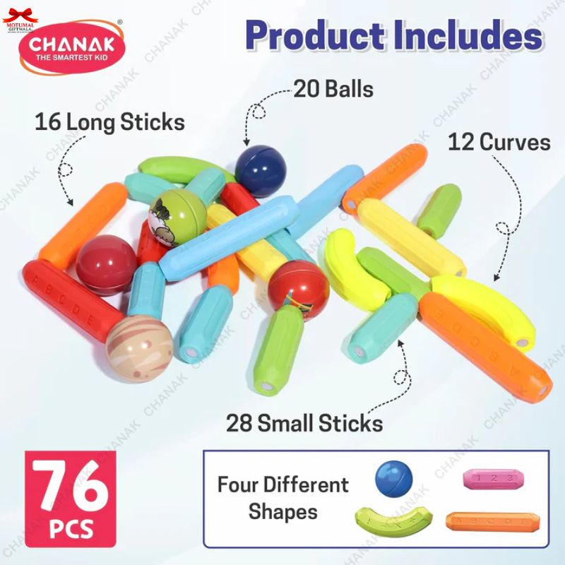 Colorful toy set with sticks, balls, and curves on a white background, featuring the Chanak brand.
