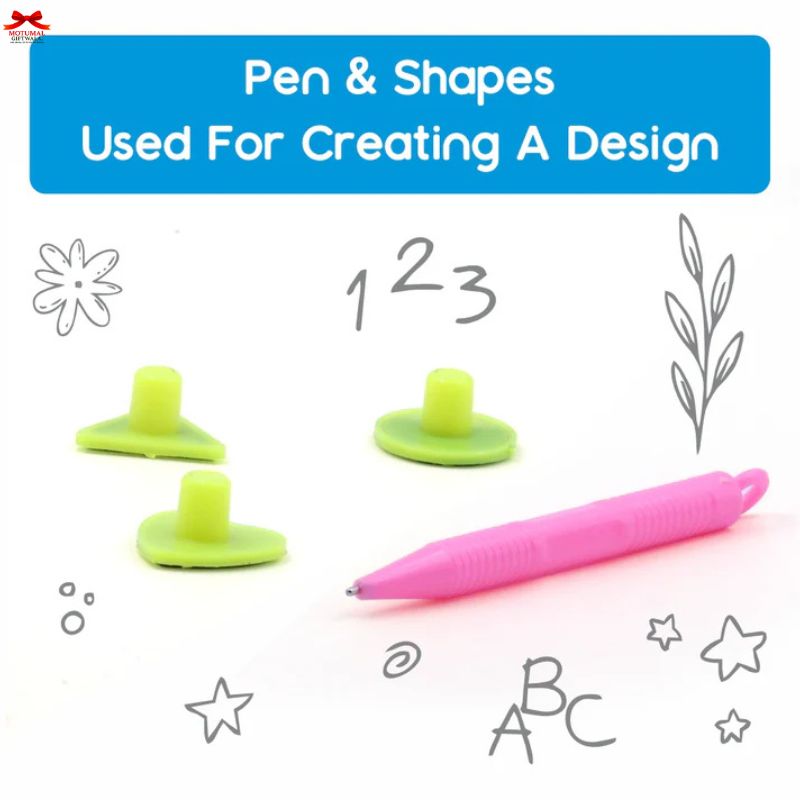 Pink pen and green stampers with shapes and numbers on a white background