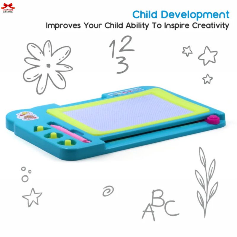 Children's drawing board with writing tools on a white background, emphasizing child development and creativity.