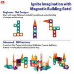 Advertisement for magnetic building sets with colorful pieces and text on a white background.