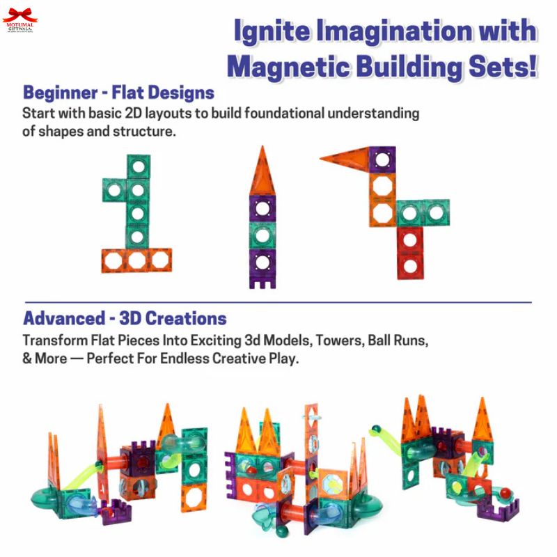 Advertisement for magnetic building sets with colorful pieces and text on a white background.