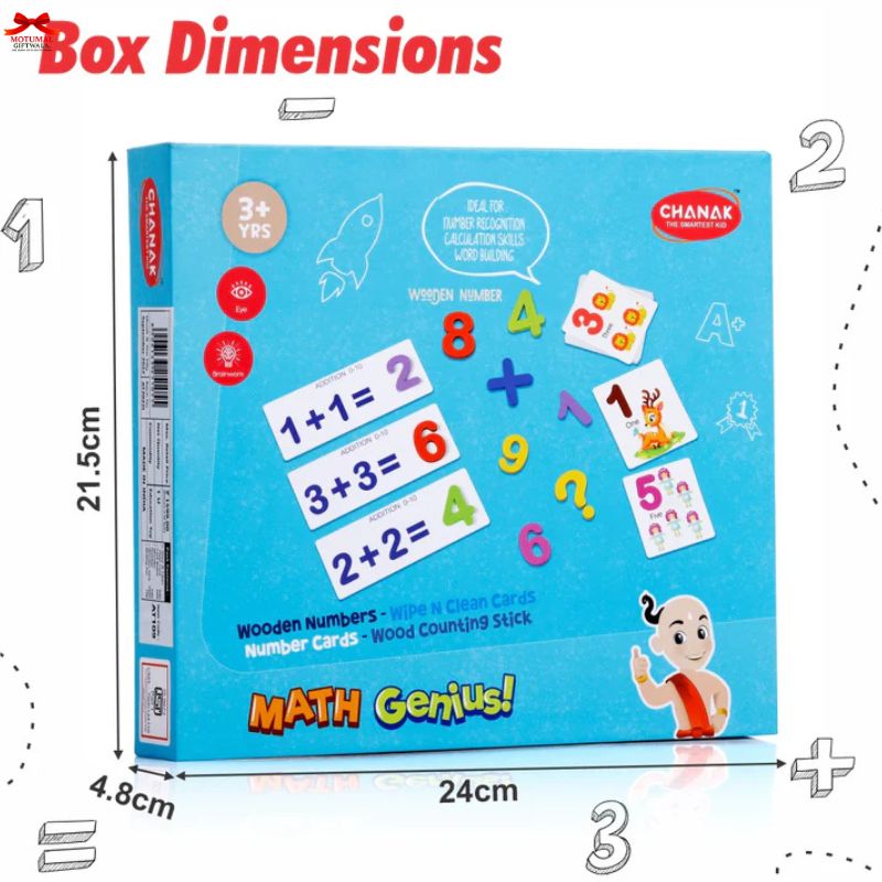 Box of 'Math Genius' educational product with dimensions on a white background