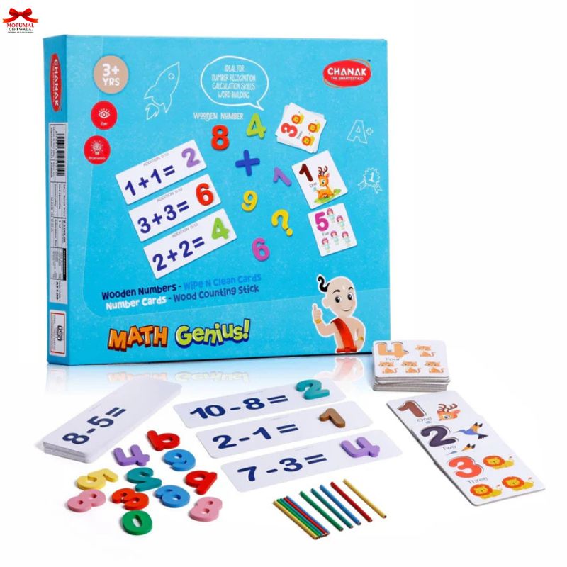 Math Genius educational toy set with number cards and sticks on a white background