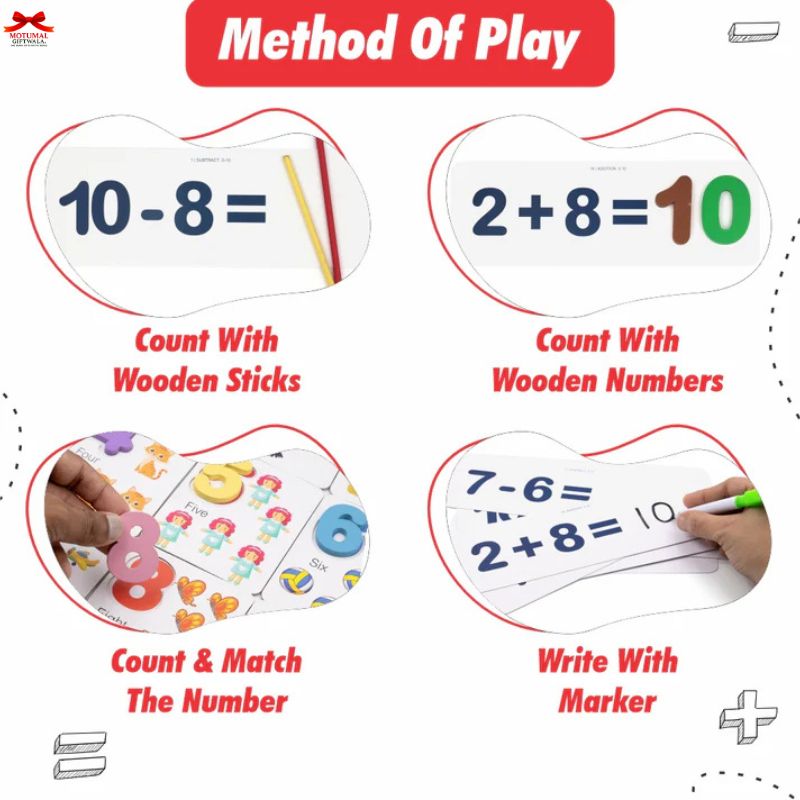 Educational materials for learning math with wooden sticks, numbers, and markers.