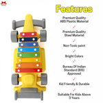 Colorful toy xylophone with features listed on a white background