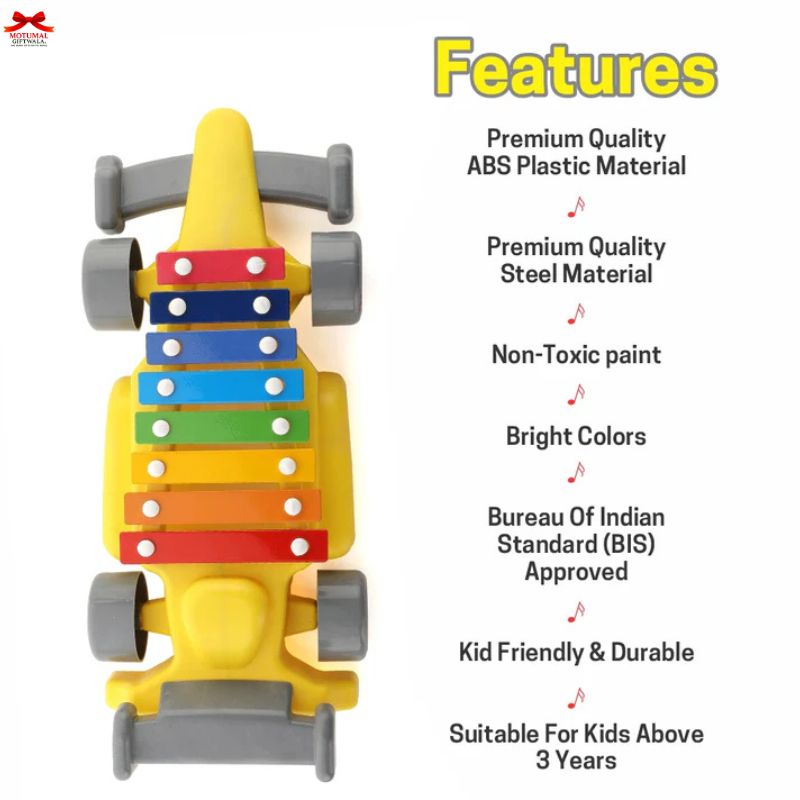 Colorful toy xylophone with features listed on a white background