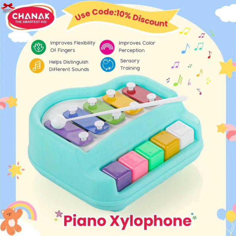 Piano xylophone toy with colorful keys and a discount banner on a light blue background.