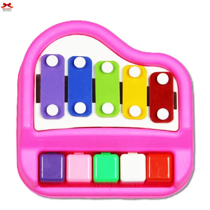 Colorful toy xylophone with pink frame on a white background