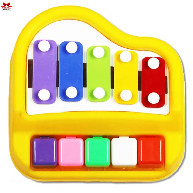 Colorful toy piano with five keys on a white background