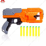 Toy gun with orange and gray design and yellow darts on a white background