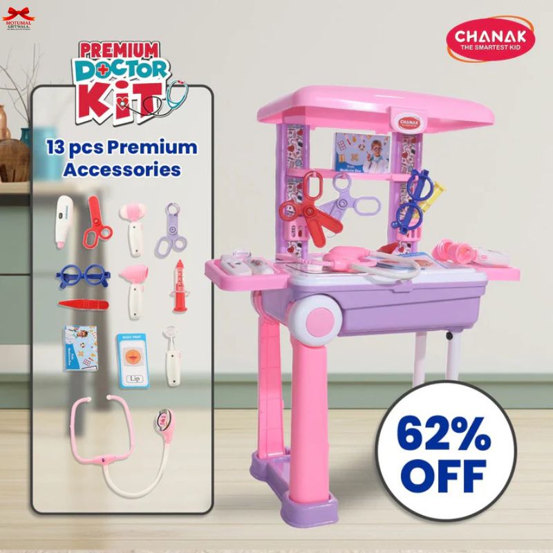 Children's toy doctor's kit with accessories on a light gray background
