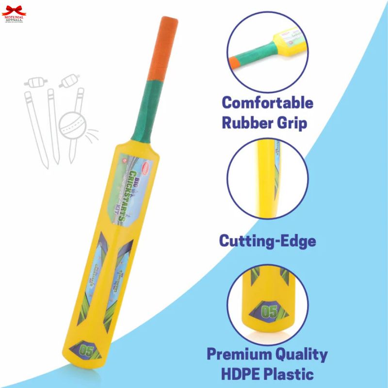 Yellow cricket bat with green handle on a blue and white background, featuring text about features.