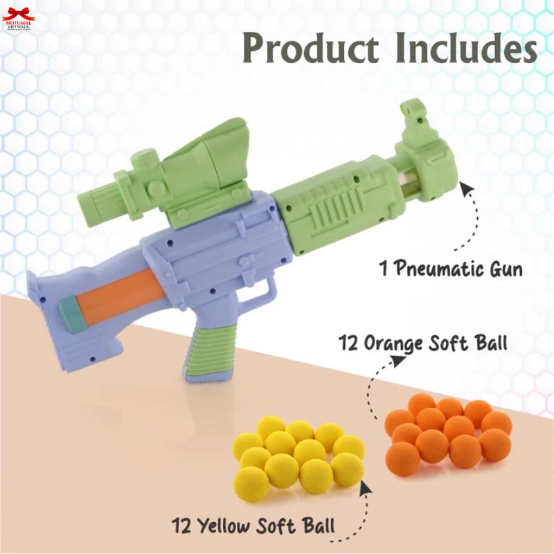Pneumatic gun with yellow and orange soft balls on a white background
