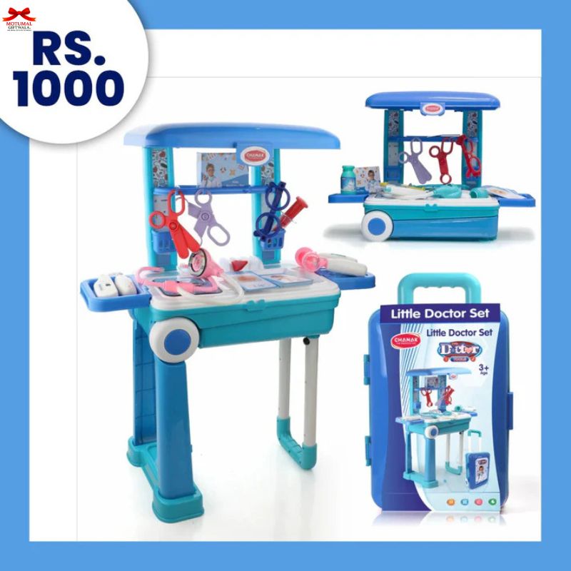 Toy doctor set with packaging and price tag on a white background