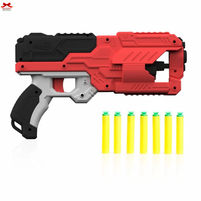 Red and black toy blaster with yellow darts on a white background