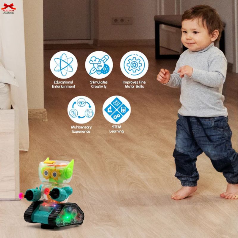 Child playing with a toy robot on a wooden floor, with icons and text about the toy's benefits.