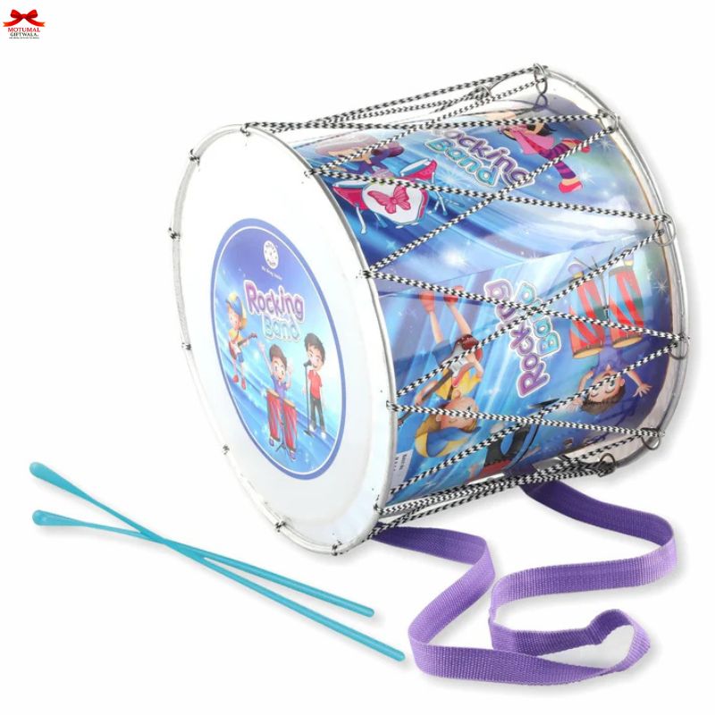 Children's drum with colorful design and accessories on a white background
