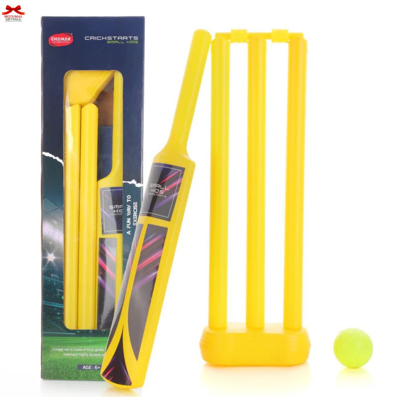 Yellow cricket set with stumps and ball next to a box on a white background