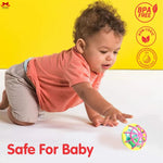 Child playing with a colorful ball, with 'BPA Free' and 'Non-Toxic' labels on a yellow background.