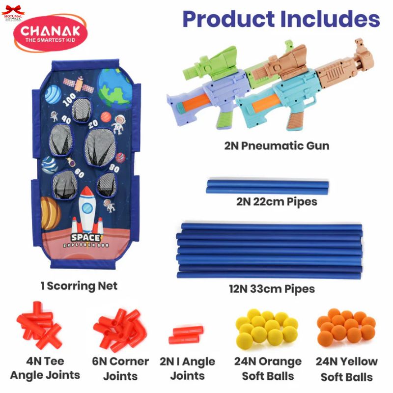 Toy set with pneumatic gun, pipes, scoring net, and soft balls on a white background.